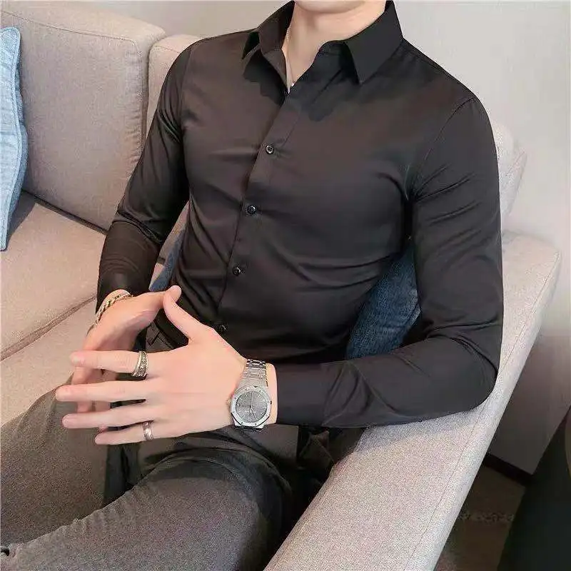 2023 New Spring and Autumn Fashion Simple Business Casual Polo Solid Long Sleeve Slim Fit Elastic Men\'s Professional Shirt