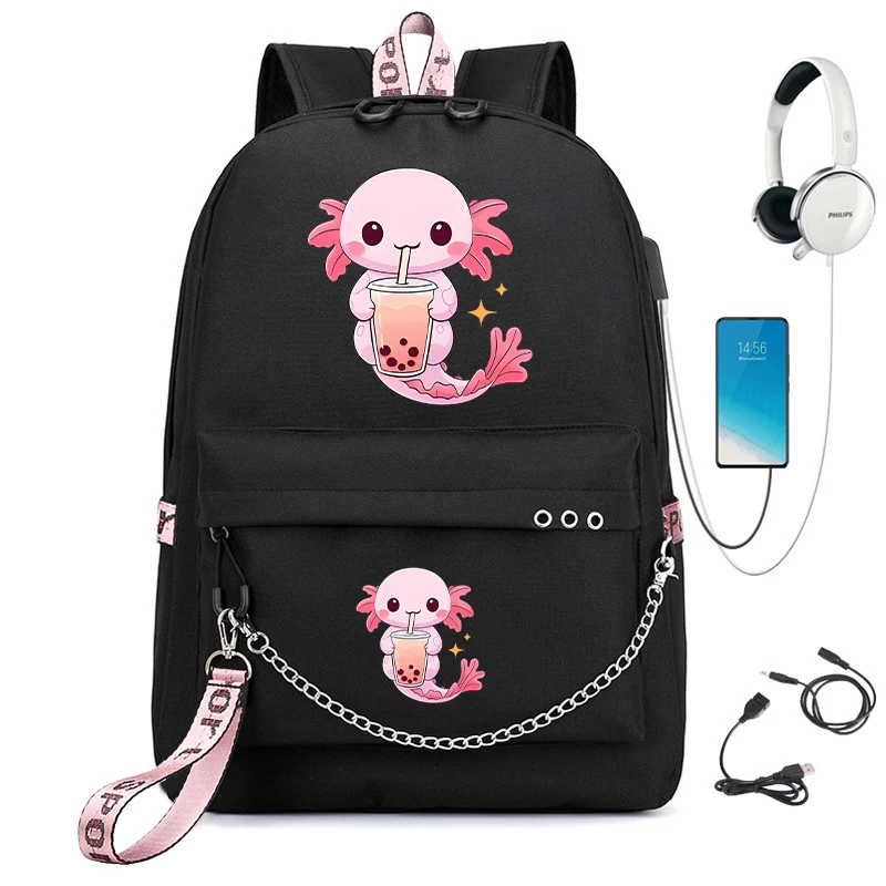 Girls Backpack Boba Axolotl Bubble Tea Anime Cartoon School Bags for Student Teens Girls Women Laptop Backpack Travel Bagpacks