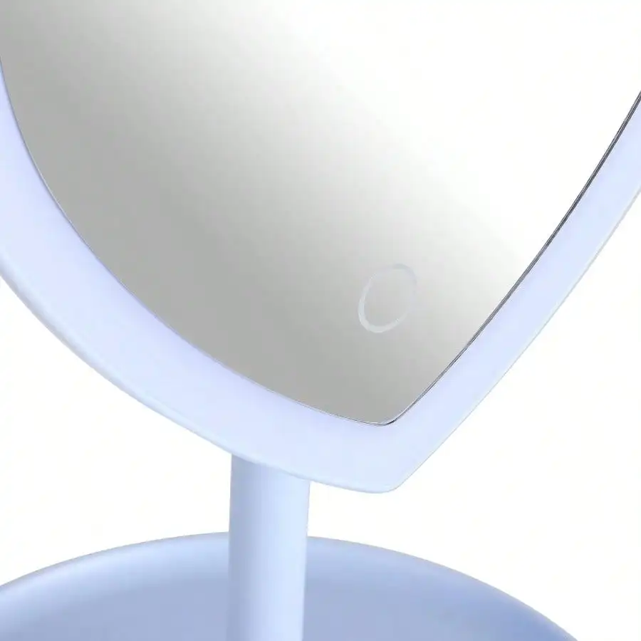 Grande luz azul moldura de plástico mesa em forma de coração espelho iluminado por LED com bandeja de bugigangas para decoração de vaidade do quarto
