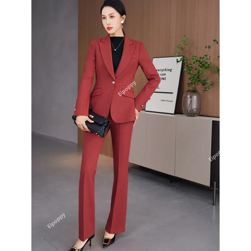 

Women Fashion Business Pant Suit Red Coffee Black Plaid Office Lady Blazer and Trouser Female Formal