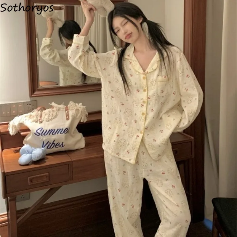 

Pajama Sets Women Turn-down Collar Chic Ins All-match Korean Fashion Autumn Homewear Printed Gentle Stylish Dormitory Young Y2k