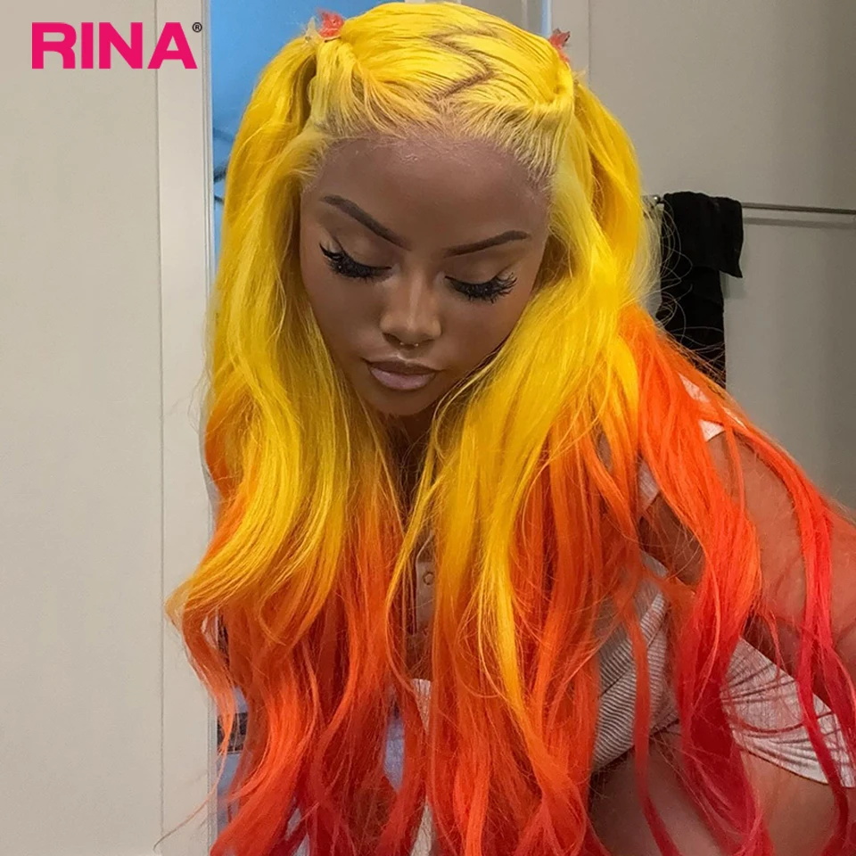 

13x4 13X6 Ombre Orange Yellow Colored Body Wave Transparent Lace Front Wigs 100% Human Hair 180 Density Brazilian Hair Remy Hair