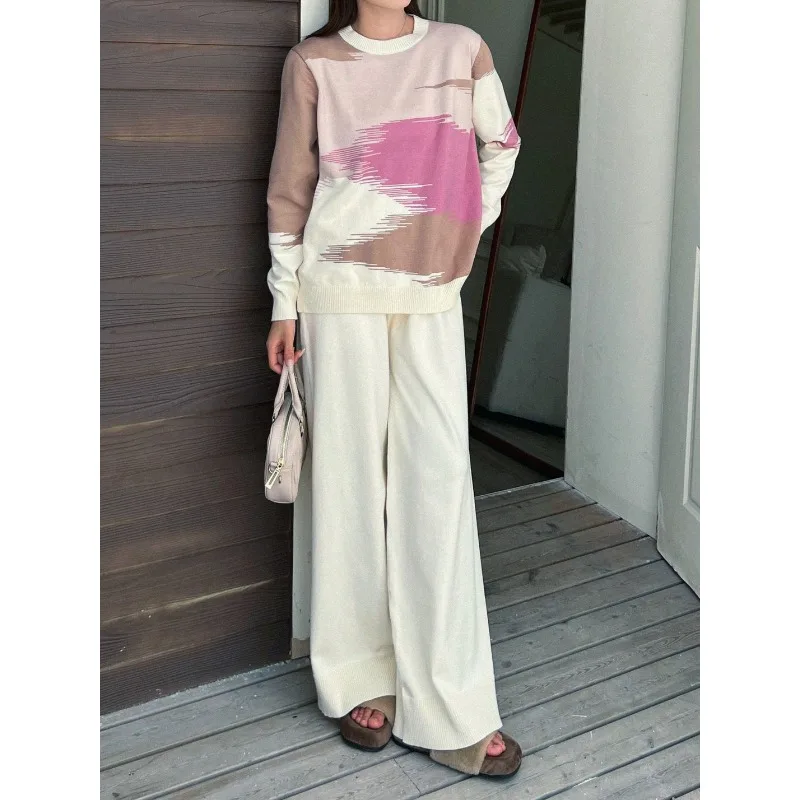 Autumn and Winter New Korean Color Matching Crewneck Loosee Sweater Women Pants Slim Elegant Wear Knitted Women Two-piece Suit