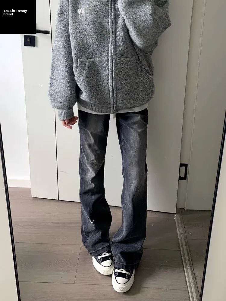 

Мужские джинсы прямого кроя Slim Fit в американском стиле High Street, осенние, с узором «Молния», зауженные к низу, Cleanfit Micro Flare