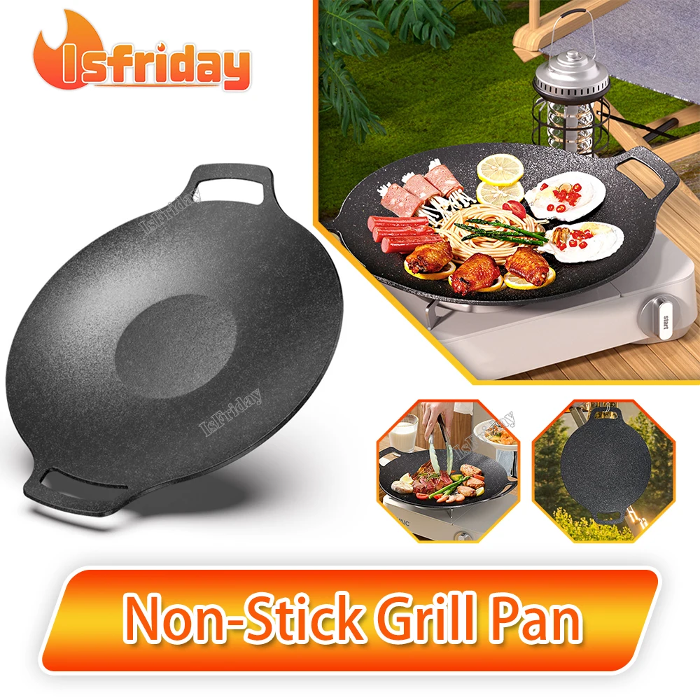 

28/30/32/34/38cm Grill Pan Korean Round Non-Stick Barbecue Plate Outdoor Travel Camping BBQ Frying Pan Barbecue Accessories