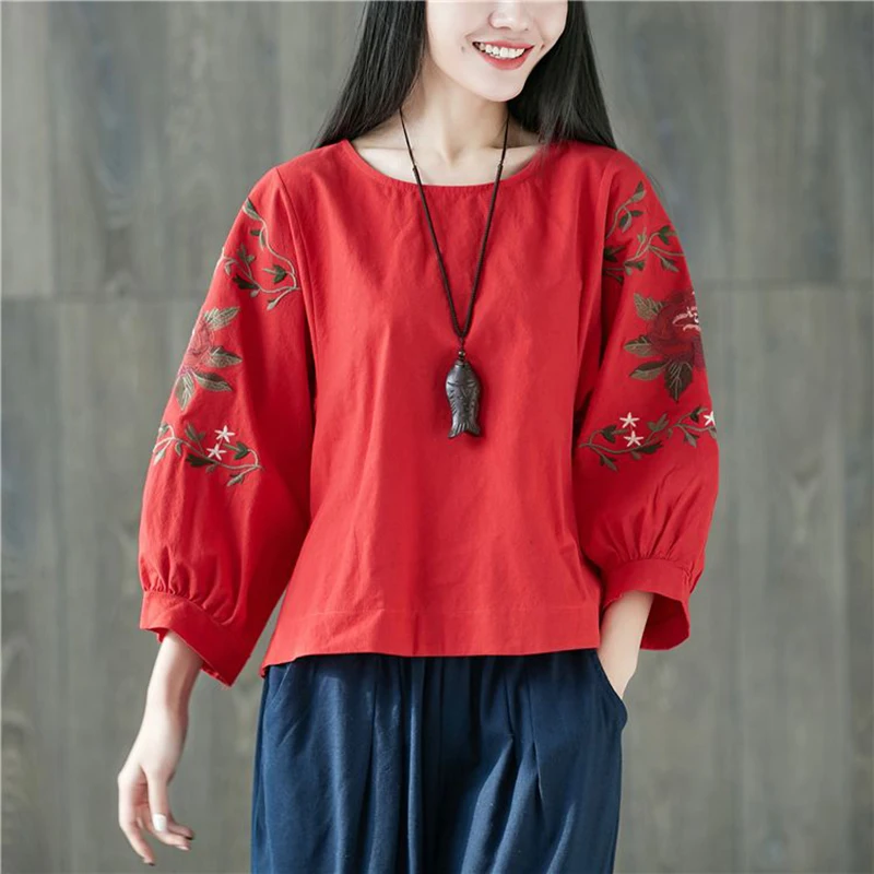 

Fashion O-Neck Embroidery Lantern Sleeve Blouses Women Clothing 2025 Spring Summer New Loose All-match Tops Casual Shirts