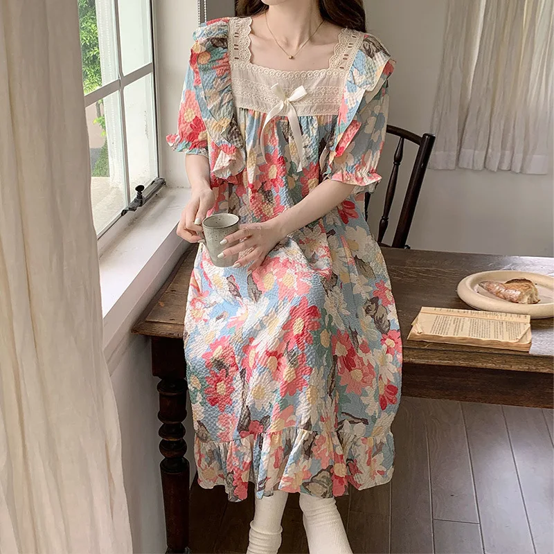 Women's Pajamas Summer New Bra Pad  Floral Print Pajamas Set Lace Cute Kawaii Loungewear Home Wear Sleepwear Thin Nightwear