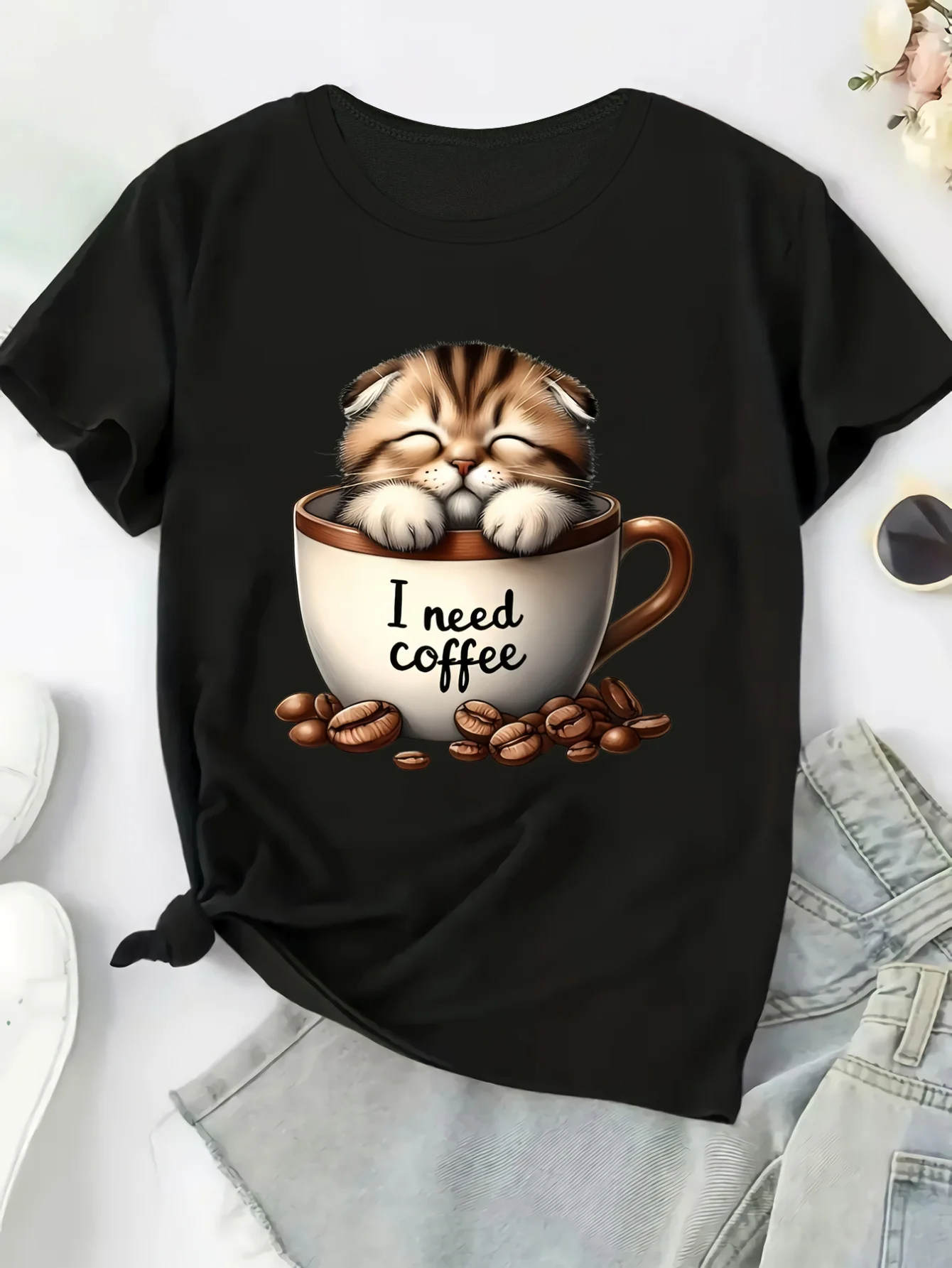 Women's Casual Short Sleeve T-Shirt Cute Kitten Coffee Graphic Print Harajuku Sleeve Clothing Street Tops Tees Aesthetic Clothes