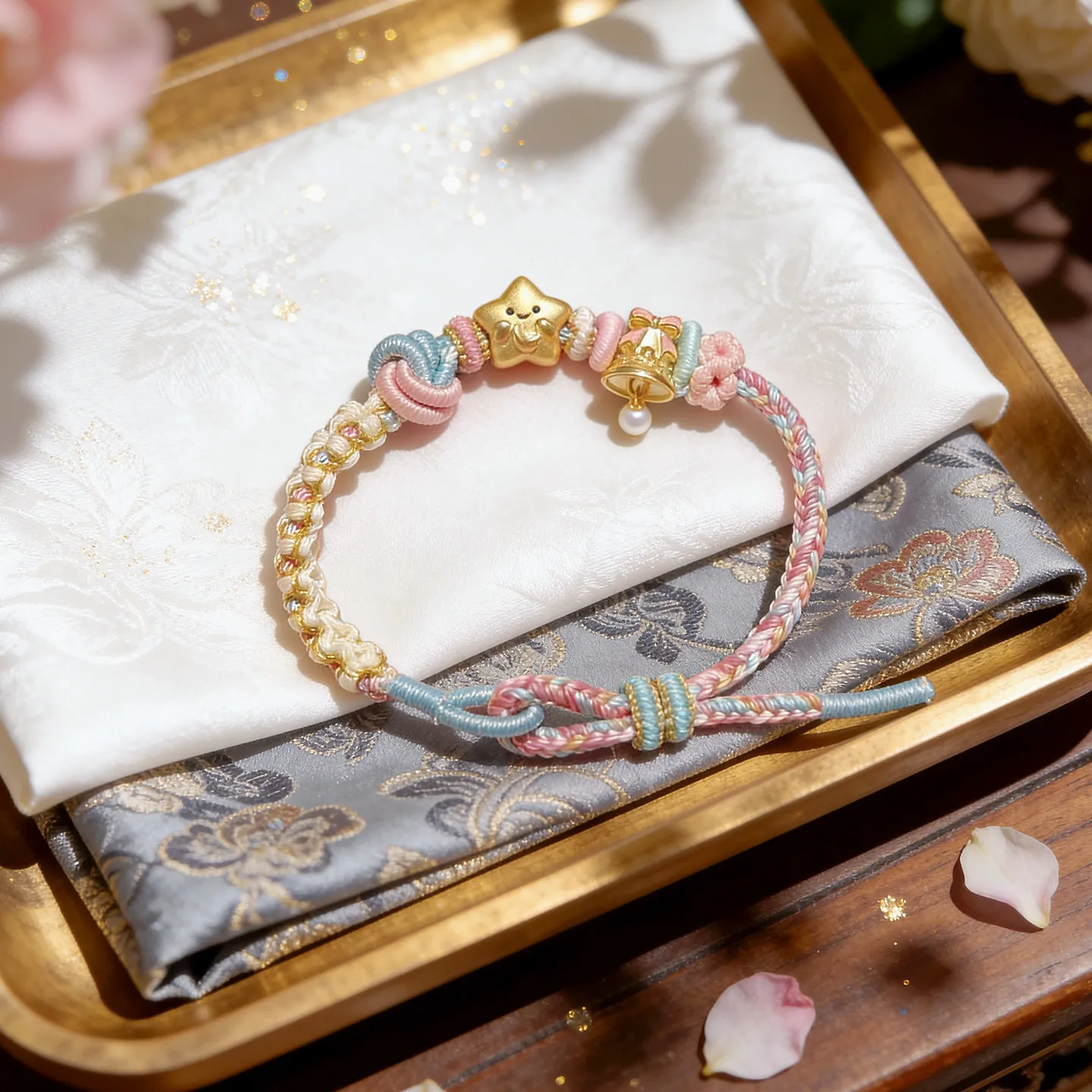 Chinese Style Lucky Dimple Knot Peach Blossom Hand Woven Rope Bracelet Adjustable Auspicious Blessing Good Fortune Jewelry For
