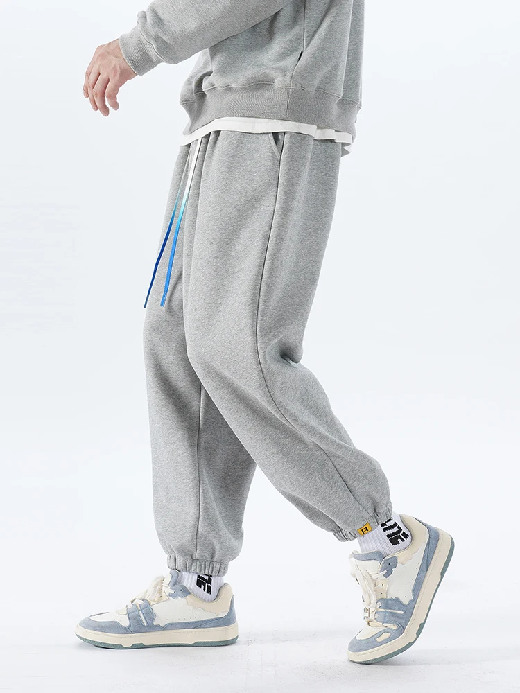 Calça de moletom pesada masculina americana sle, casual, perna reta, outono, primavera, bege, cintura elástica, algodão, poliéster