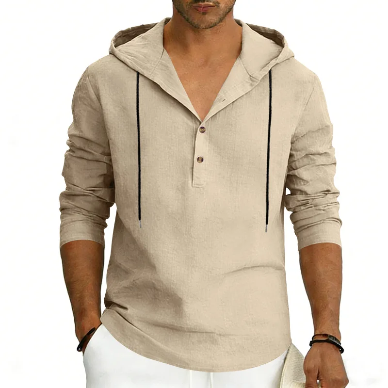Men Casual Linen Hooded Shirt Long Sleeve Henley Half Placket Breathable Beach Spring Autumn Tops