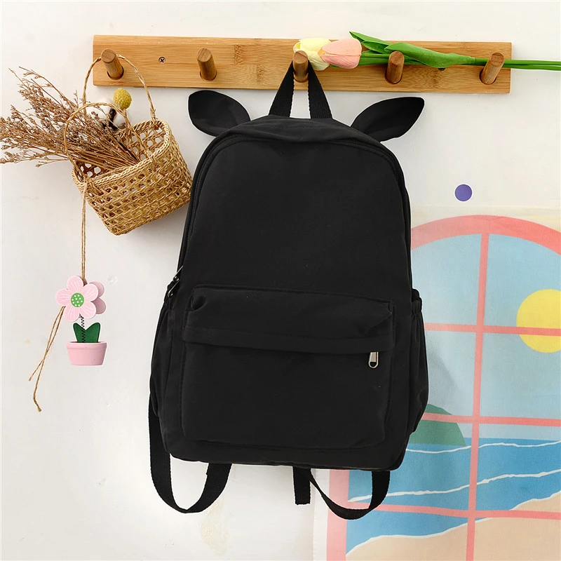 Cute 3D Bunny Ears Backpack Teen Girls Soft Nylon Lightweight School Rucksack Large Capacity Casual Daily Travel Student Bookbag