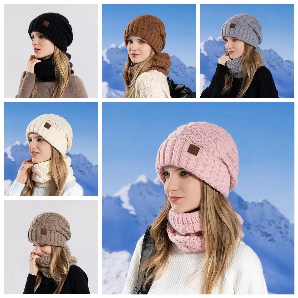 Bonnet d'hiver doux, ensemble écharpe, doublure polaire, bonnet en tricot thermique épais, Design élégant, chauffe-cou, chapeau en laine chaud