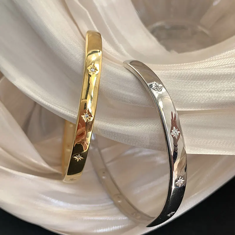 925 Sterling Silver Bangle Bracelet Golden Smooth Stars Polished Punk Stackable For Woman Girl Jewelry Gift Dropship Wholesale