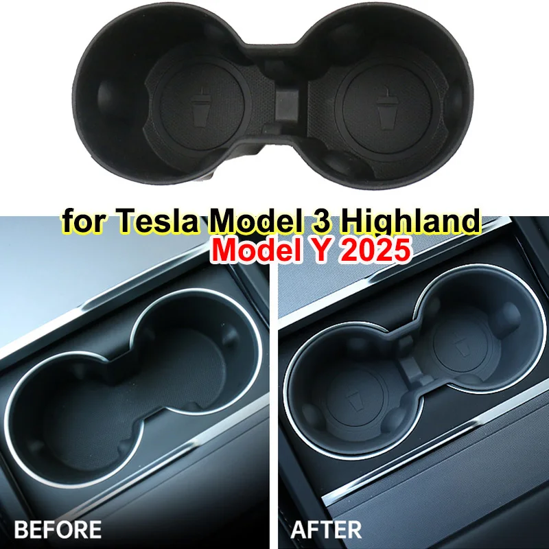 

For Tesla Model 3 Highland 2024 Water Cup Holder Insert Central Console Organizer TPE Storage Box Model Y 2025 Car Accessories