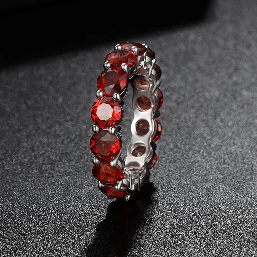 Yaranyan 100% 925 Sterling Silver Round Cut 3-5MM Natural Garnet Gemstone Colorful Row Ring for Women Fine Jewelry Wedding Band