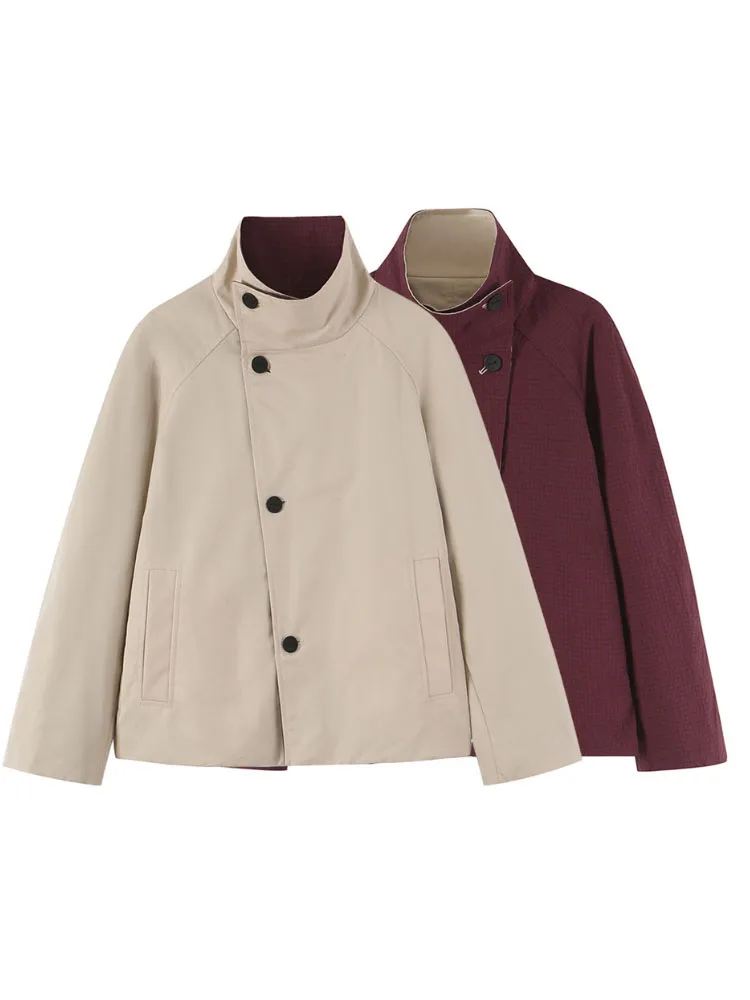 HH Women Two-Tone Lightweight Jacket High Neck Button Up Relaxed Fit Coat Spring Autumn Casual Streetwear Outerwear for Office