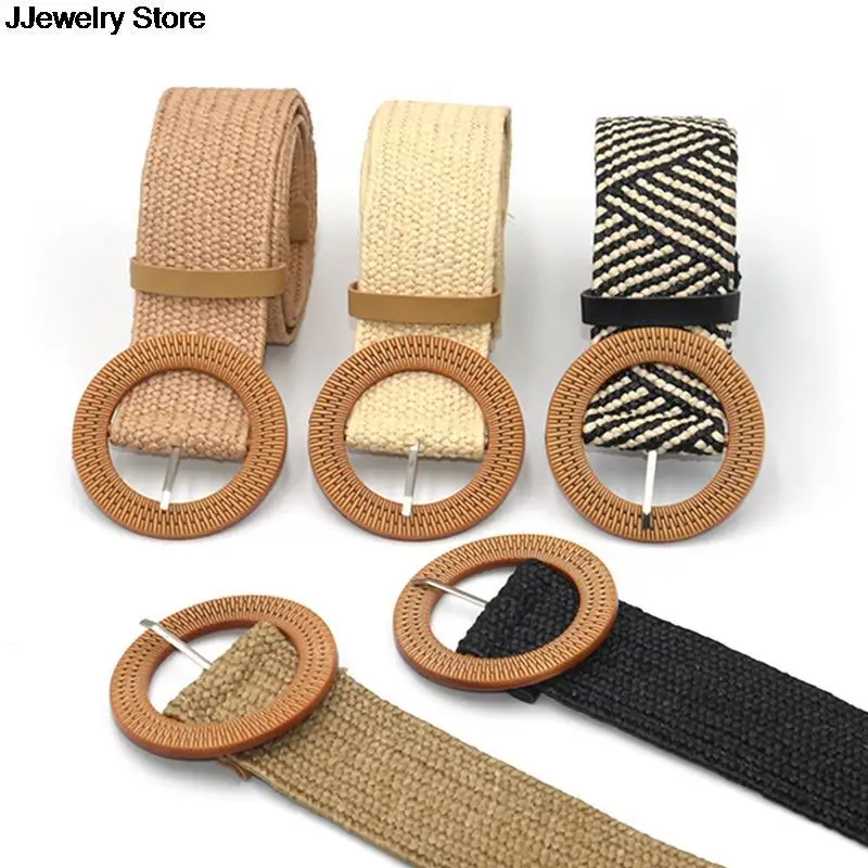 Women Braided Elastic Belt Round Square Wooden Buckle Vintage Bohe Straw Buckle Belt Summer Women Knitted Belt Dress Belt