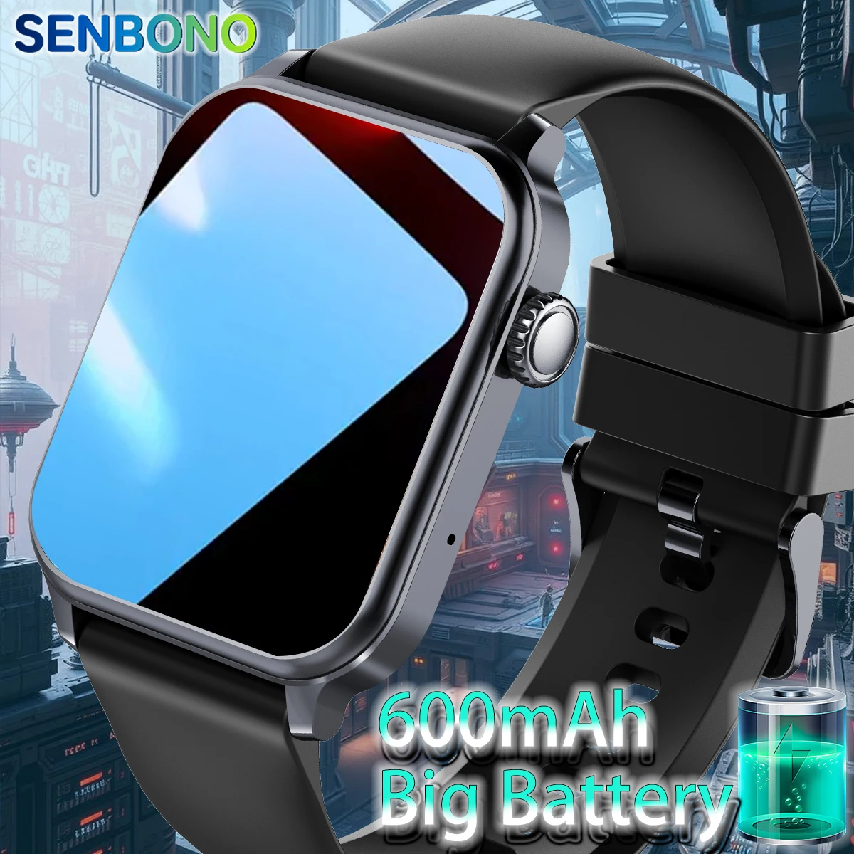 

SENBONO Смарт-часы с Bluetooth-звонком, 600 мАч, большая батарея, мультиспортивные режимы, водонепроницаемые умные часы с монитором сердечного ритма для мужчин и женщин