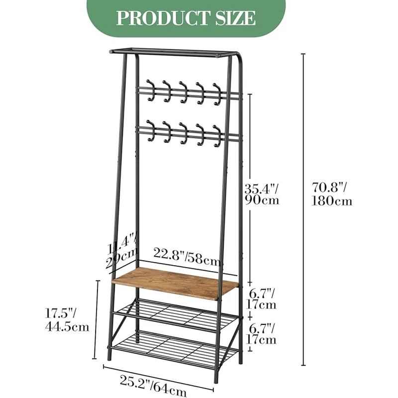 Coat Rack Hall Tree with Shoe Storage Bench, 4-in-1 Entryway Organizer Featuring 5/10 Hooks and 3 Tier Shoe Rack, Durable Metal Frame, Freestanding Storage Unit for Hallway view 8
