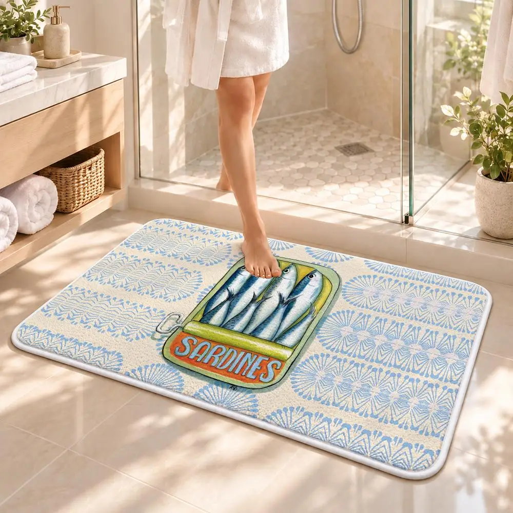 Bright Sardine Can On Pink Stripes Floor Mat Flannel Rug Soft Non Slip Washable Door Mat for Bathroom Bedroom Kitchen Home Decor