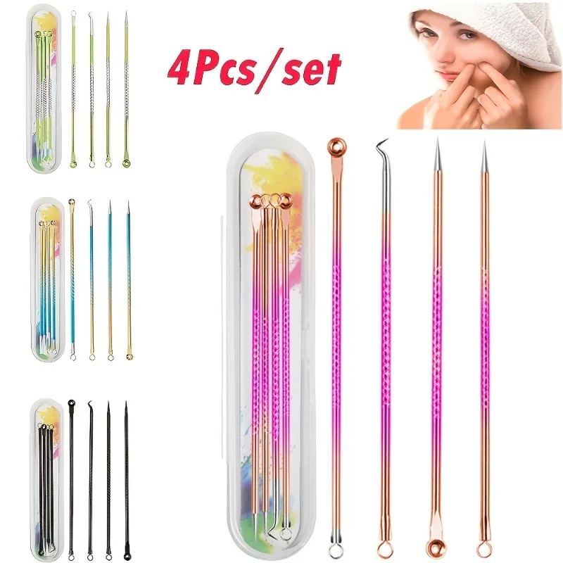 Outil d'élimination des points noirs en acier inoxydable, Kit d'extraction d'acné de comédon pour le nettoyage des pores du visage, outils professionnels de soins de la peau 4 pièces
