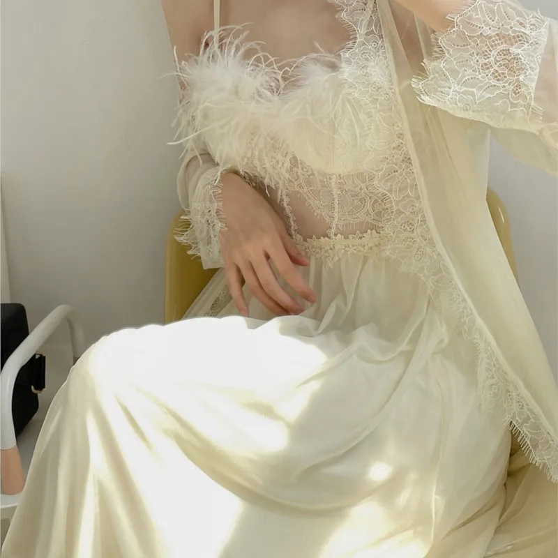 

Wedding Morning Gowns Female Niche Nightgown Slip Nightdress Feather