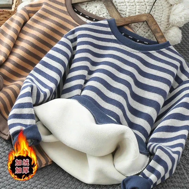 

Boys Fleece Sweater 2023 New Winter Thick Warm Sweatshirt Children's Stripe Padded Pullover Kids Bottoming Shirt Tops 4-12Y