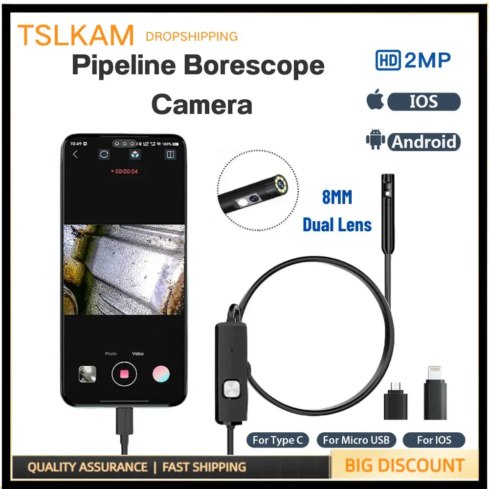 TYPE-C Dual Lens Pipeline Borescope Direct Connect with IPhone Android Phones Pipe Inspection Borescope Camera Waterproof LED