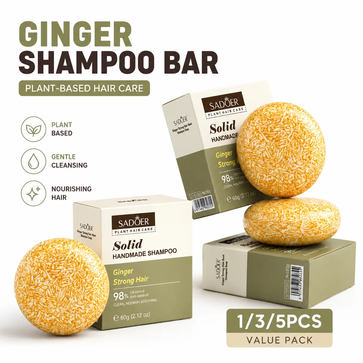 1/3/5PCS Ginger Shampoo Bar Anti Hair Loss Strengthens hair roots Soap Natural Organic Scalp Care Oil Control Thicker Volumizing