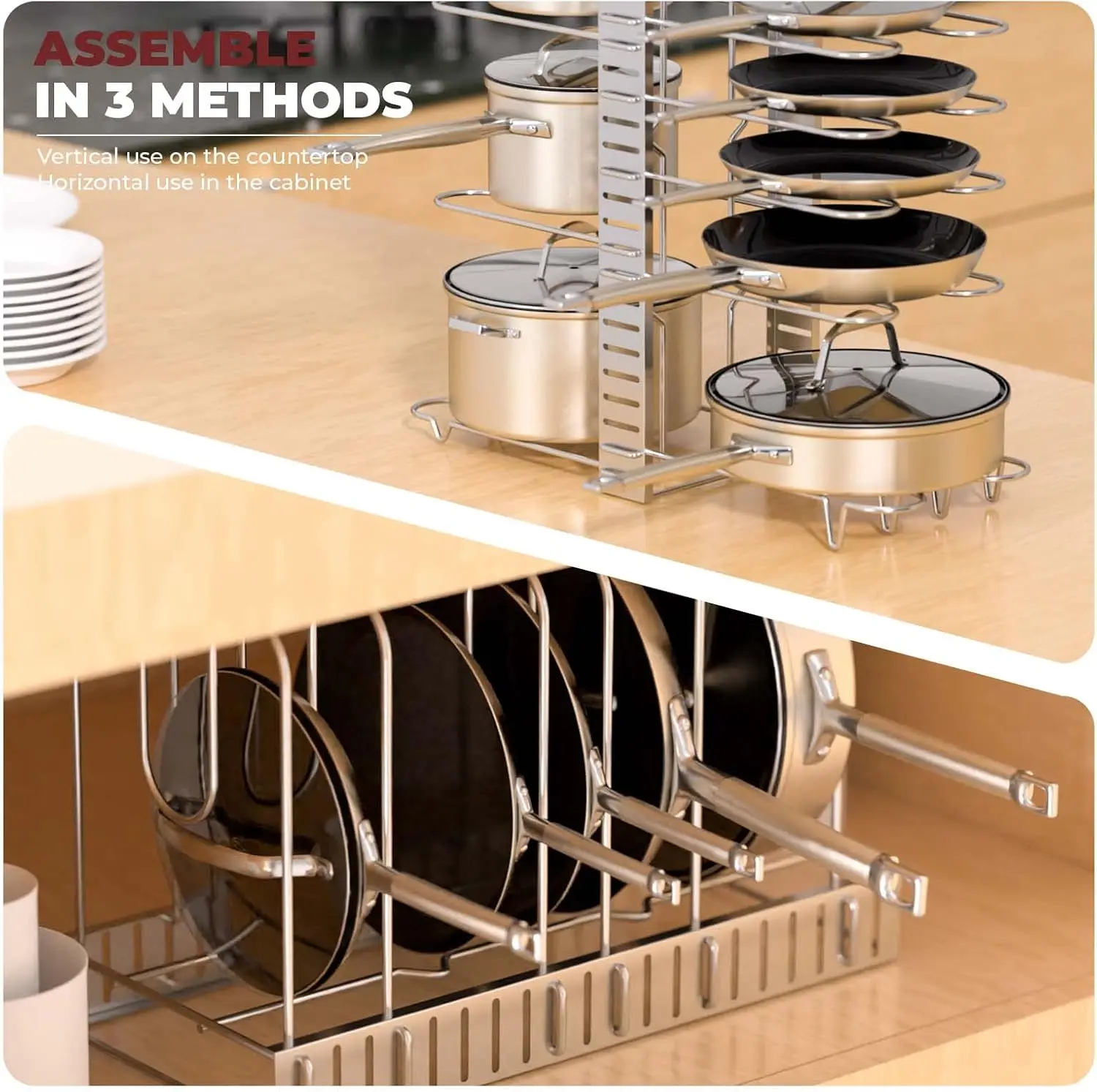 Pot Rack Organizer with 3 DIY methods, Pot and Pan Lid Storage for Cabinet kitchen 8+ Pots and Pan Holder Pot Racks Adjustable