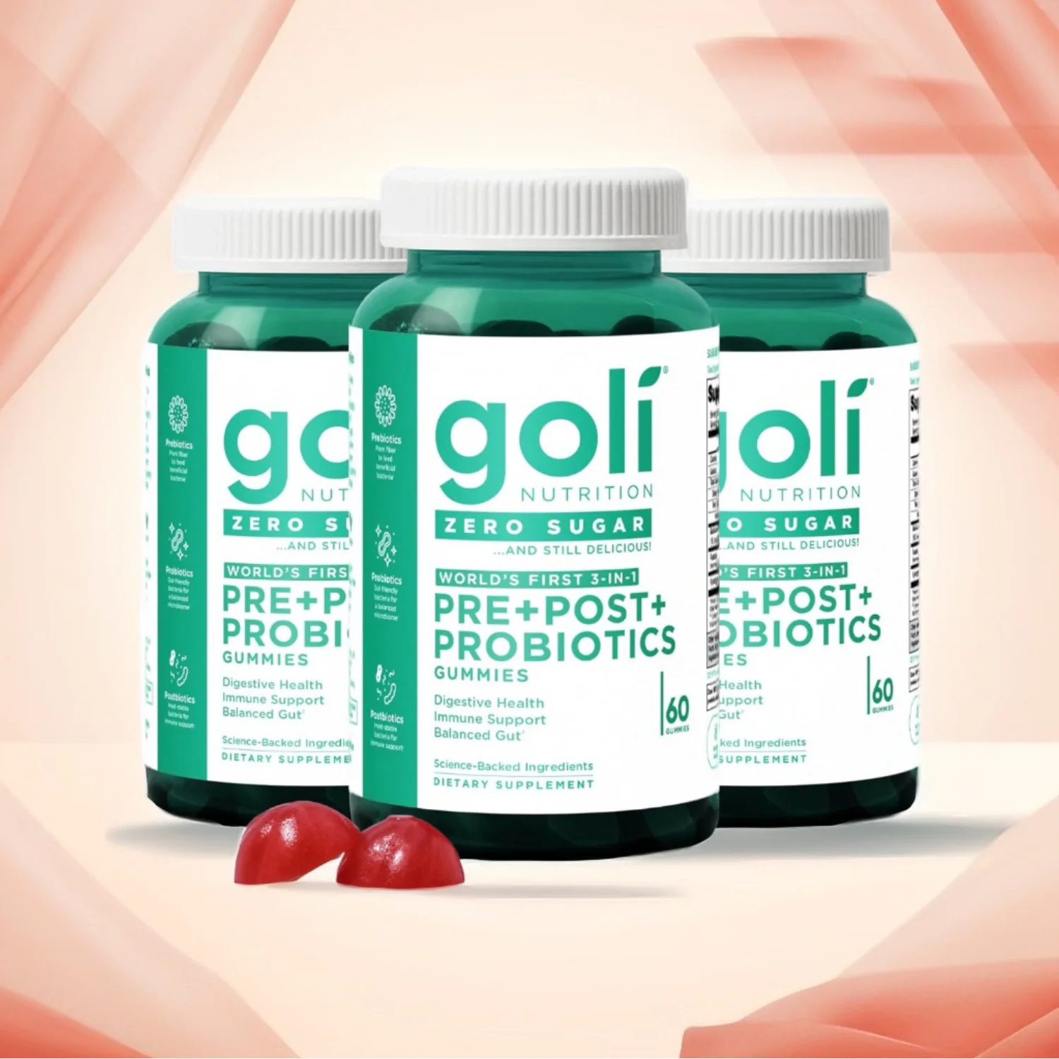 JP Zero Sugar Pre، Post، Probiotic Gummies. العالم الأول 3 في 1 خالي من الغلوتين، نباتي، غير وراثيًا، وخالي من الجيلاتين.