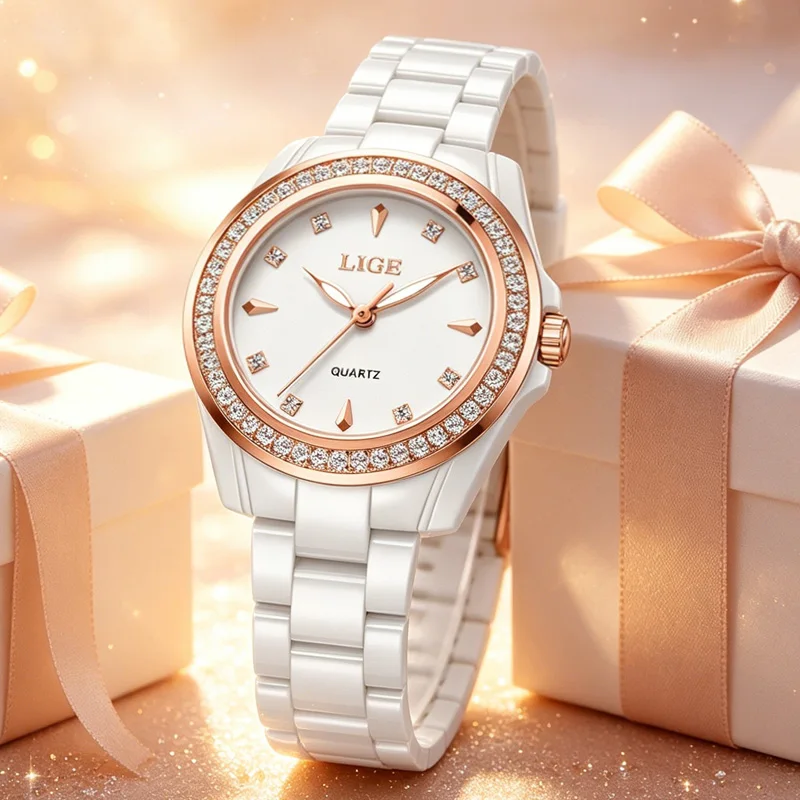LIGE Women Watches Fashion Simple White Ceramic Ladies Watch Waterproof Quarzt Wristwatch Diamond Watch Valentine's Day Gift