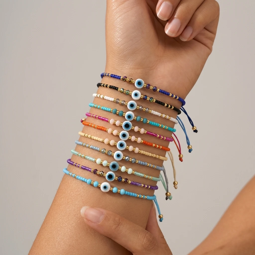 

11pcs Glass Beaded Bohemian Evil Eye Bracelet Set Adjustable String Bracelets For Women