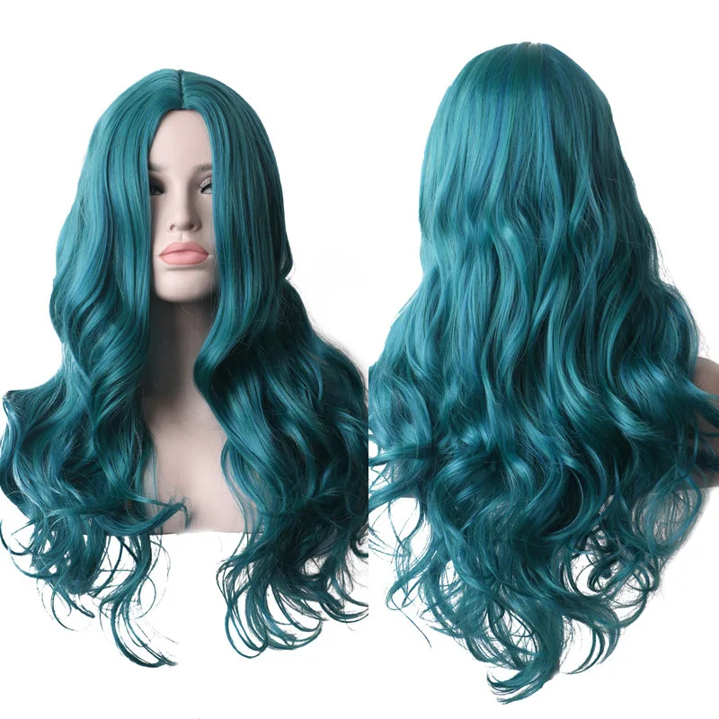 

Длинный вьющийся парик средней части в европейском и американском стиле, парик на всю голову для женщин, зеленый парик, большие волны, парик из синтетических волос