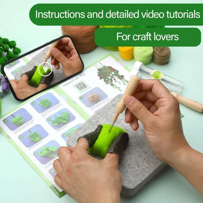

F26C Needle Felting Supplies Hanging Potted Plant Wool Felted Set with Felting Needle Instruction Wool Roving for Beginner