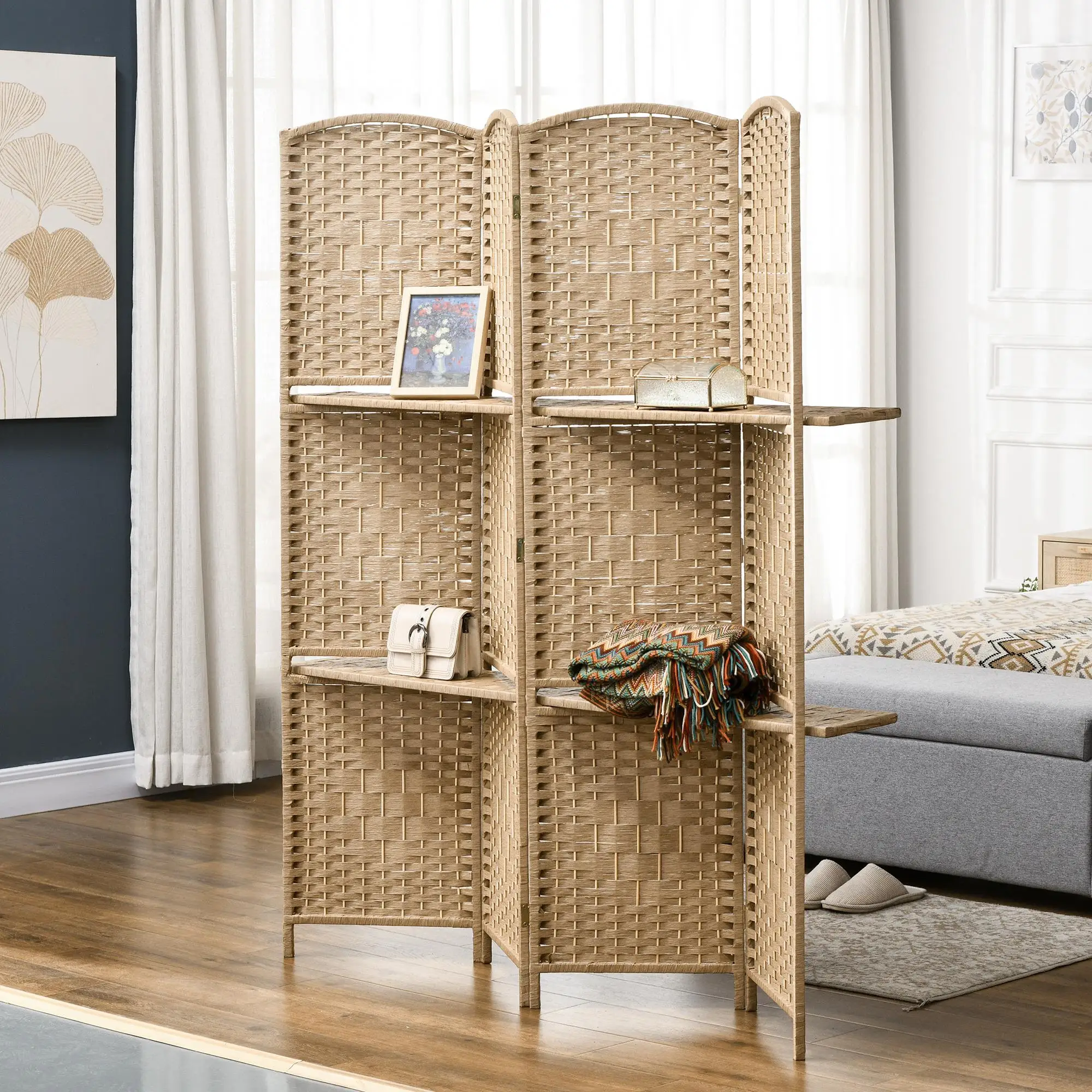 Paravent pliable 4 pièces 160x170 cm avec 2 niveaux en bois naturel pour salon chambre