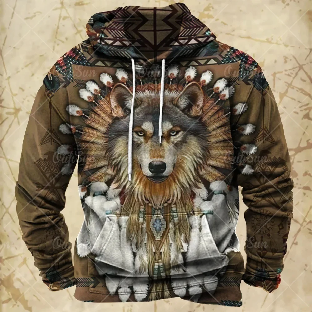 Retro Hoodie Men's Harajuku Wolf Print Fall Long-sleeved Sweater Oversized Y2k Clothing Men's Hoodie Fashion Streetwear