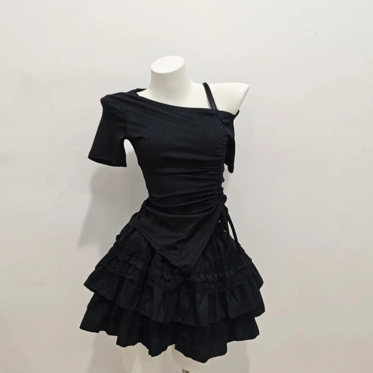

2025 Women Clothing Summer Kpop Sloping Shoulder Asymmetric Drawstring Top A-Line High-Waist Splits Pleated Skirts 2 Piece Set
