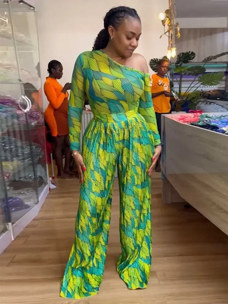 

Весна 2024, женские широкие брюки с длинным рукавом и принтом, асимметричный воротник, комплект плиссированного верха и низа, элегантный модный ансамбль