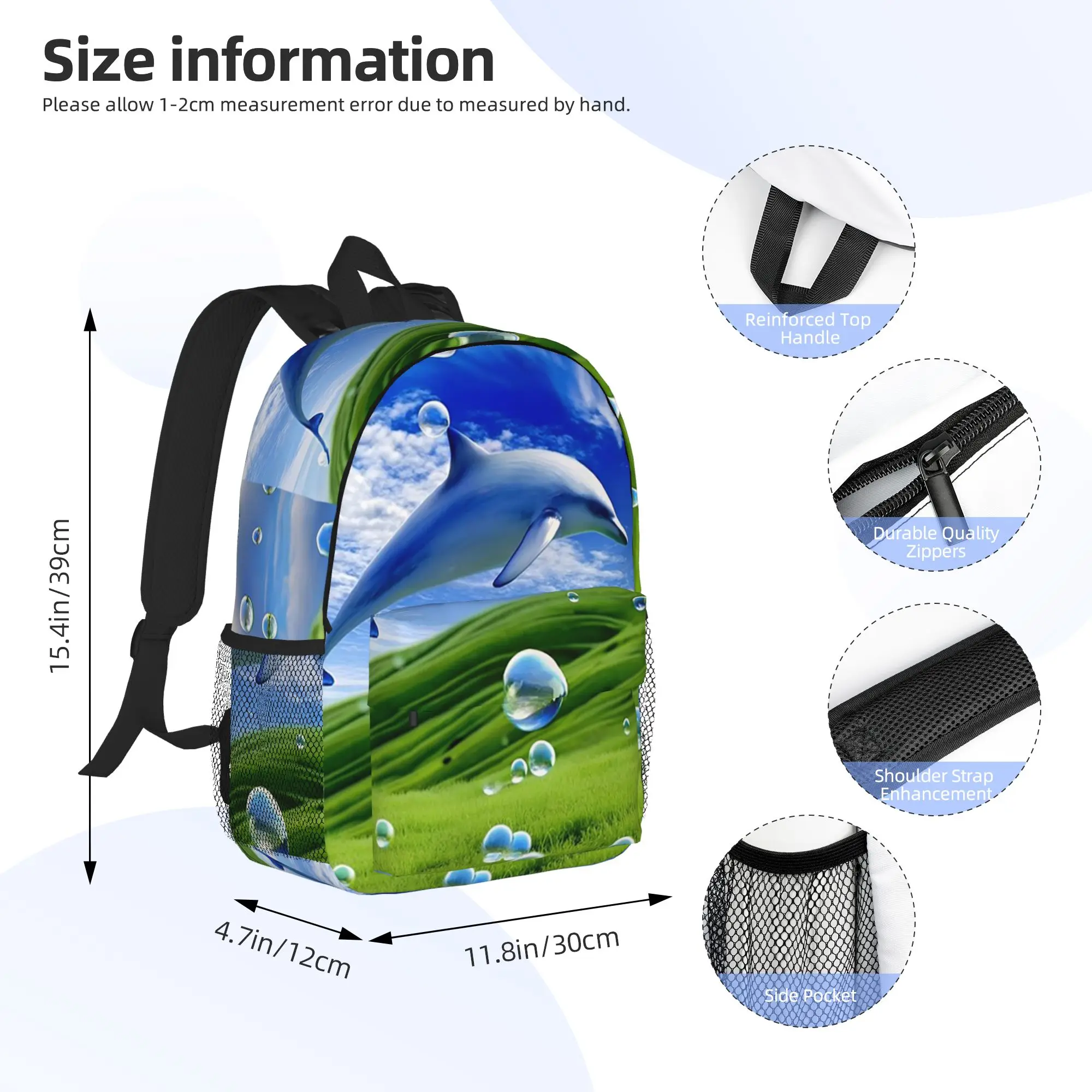 Frutiger Aero Dolphin y2k Aesthetic Meadow with Bubbles and Mountains and Sky Backpack Daypack BookBag Shoulder Bags fSchool Bag