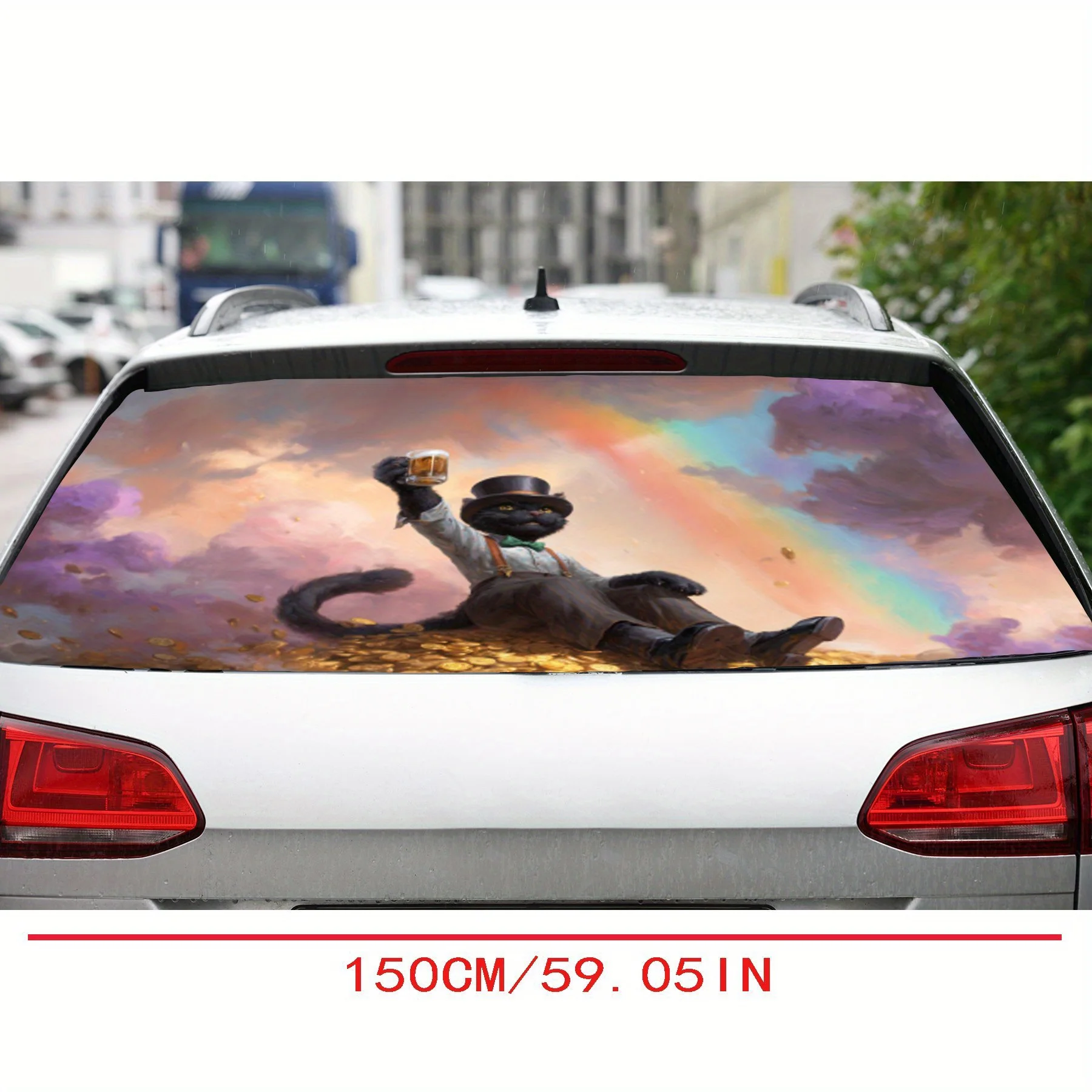Black cat sitting on a gold coin  PVC material self-adhesive waterproof car rear window sticker, easy to paste without falling o