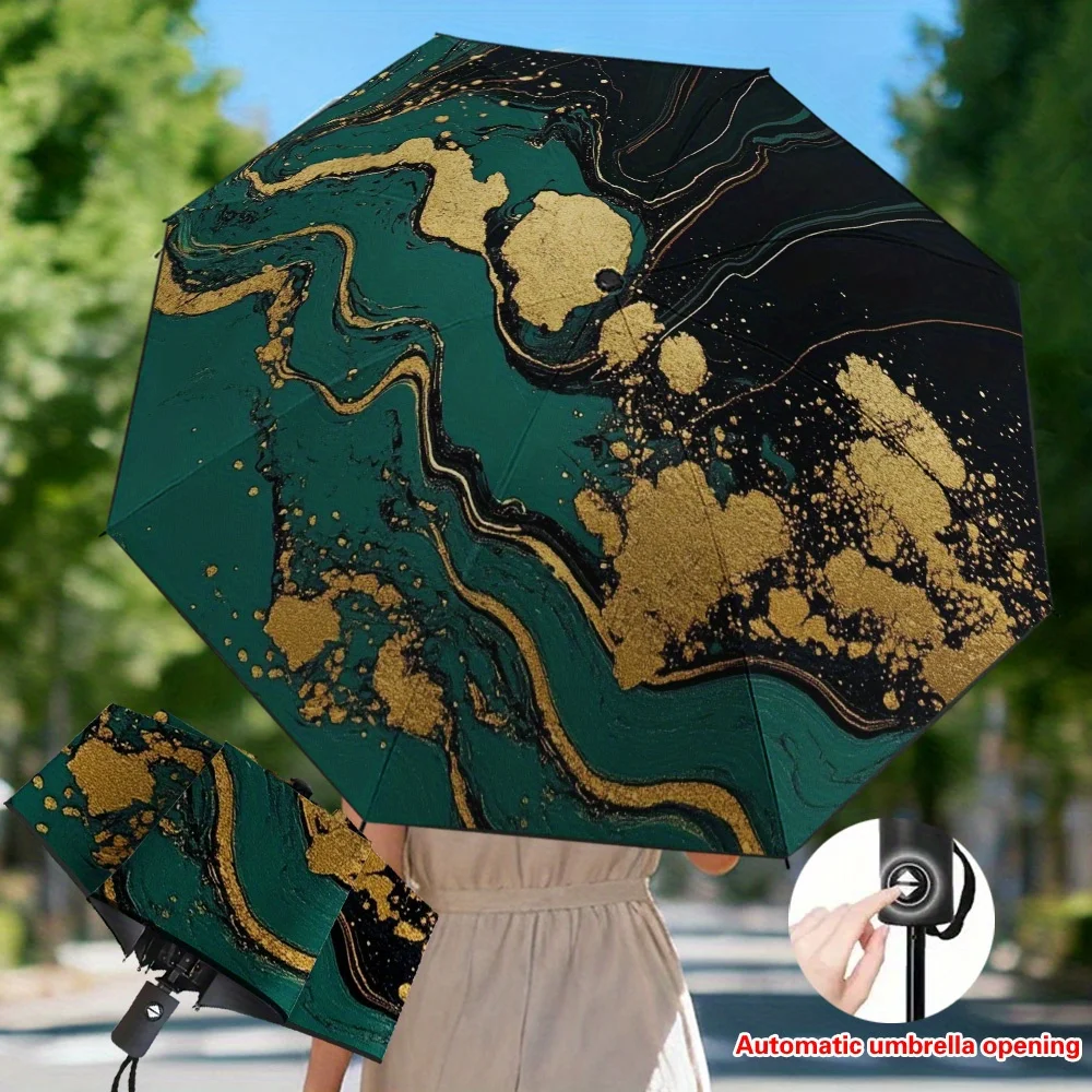 

1pc Teal Print Automatic Folding Umbrella with Golden Swirls, Resistant, 8-Rib Sturdy Frame, Lightweight for Daily Commute & W