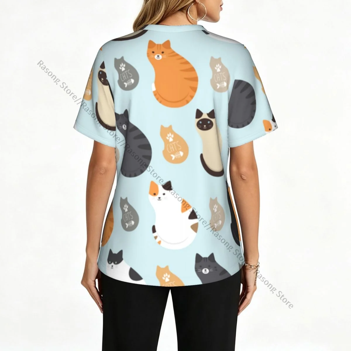 Women V Neck Scrub Top Cats Background Short Sleeve Nurse Hospital Uniforms Female Spa Beauty Salon Working Clothes with Pocket