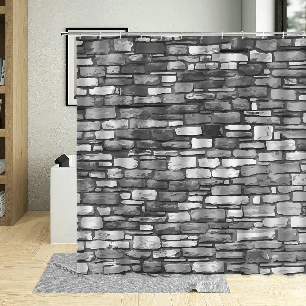 Stone Brick Wall Bathroom Shower Curtain Fabric Waterproof Garden Background Screens Decor Scree with 12 Hooks Bath Curtains