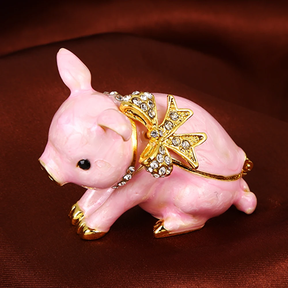 

Cute Piggy Jewelry Trinket Box Hinged Crystal Jeweled Pig Decor Animal Figurines Collectibles Ring Holder Case Home Decor Gift