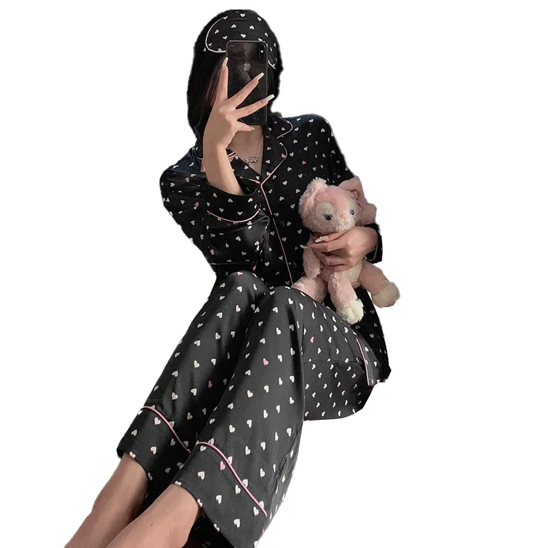 2026 Cross-border Silk Feel Ice Silk Women's Pajamas Spring and Summer New Models Full of Love Student Loungewear Two-piece Set