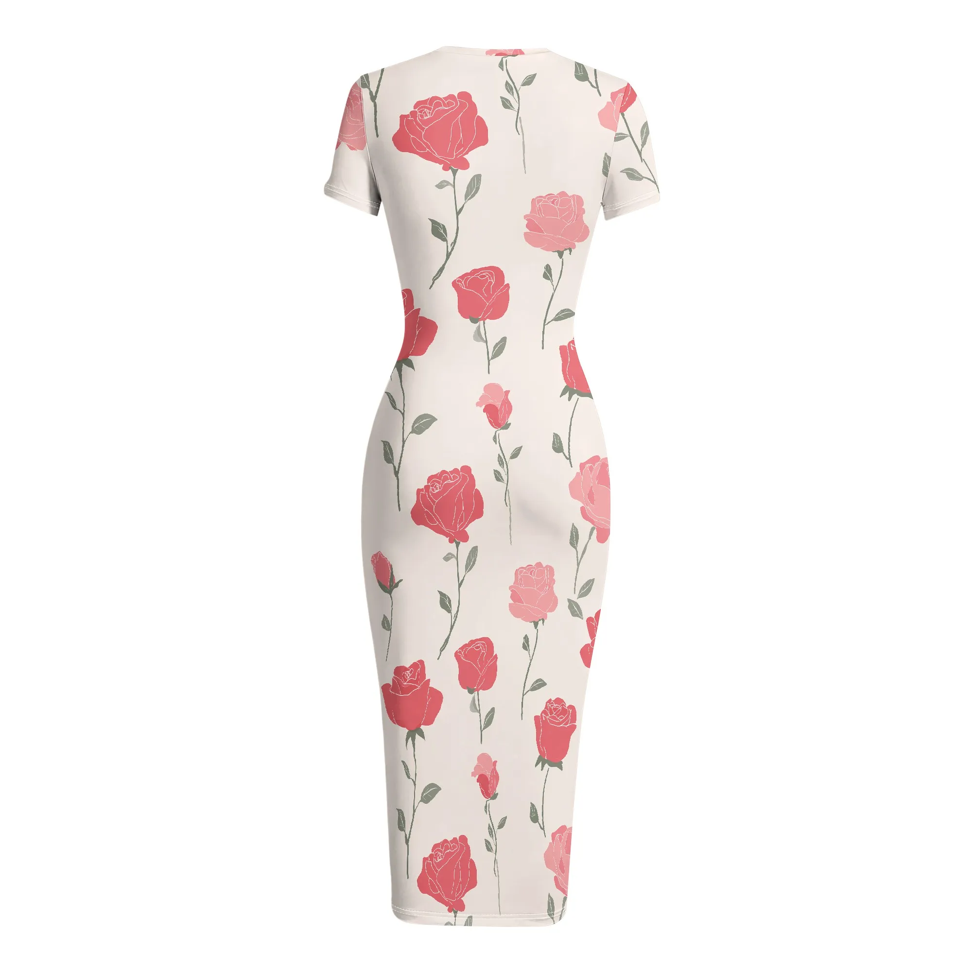 Floral Print Bodycon Dress, Rose Pattern Midi Dress, Short Sleeve Fitted Dress, Casual Summer Party Wear, S-2XL
