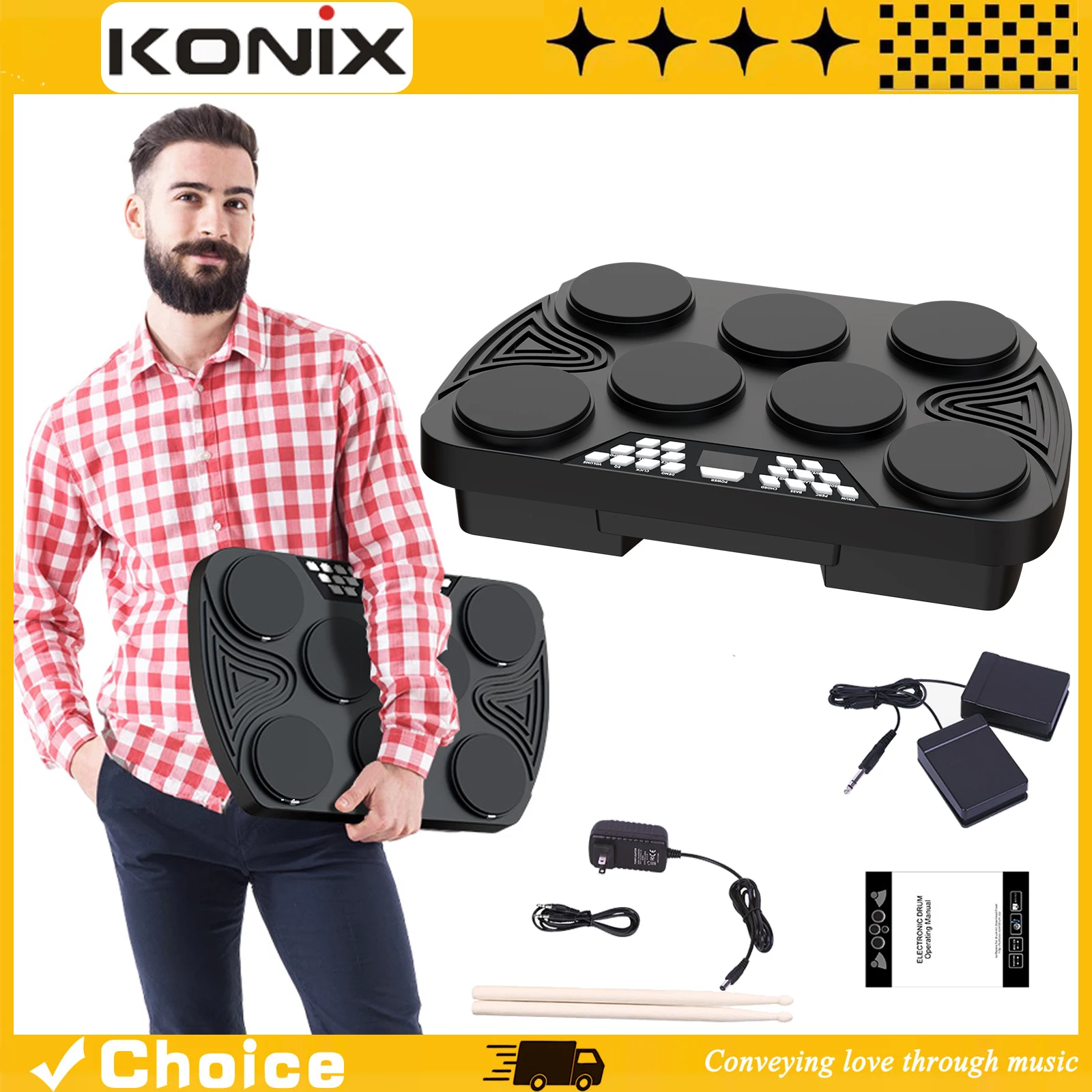 Batería Electrónica Portátil LIDU ED01, Kit de Batería Eléctrica con Alimentación USB/DC 5V, 30 Canciones de Demo Integradas y 16 Kits de Batería, Función de Grabación