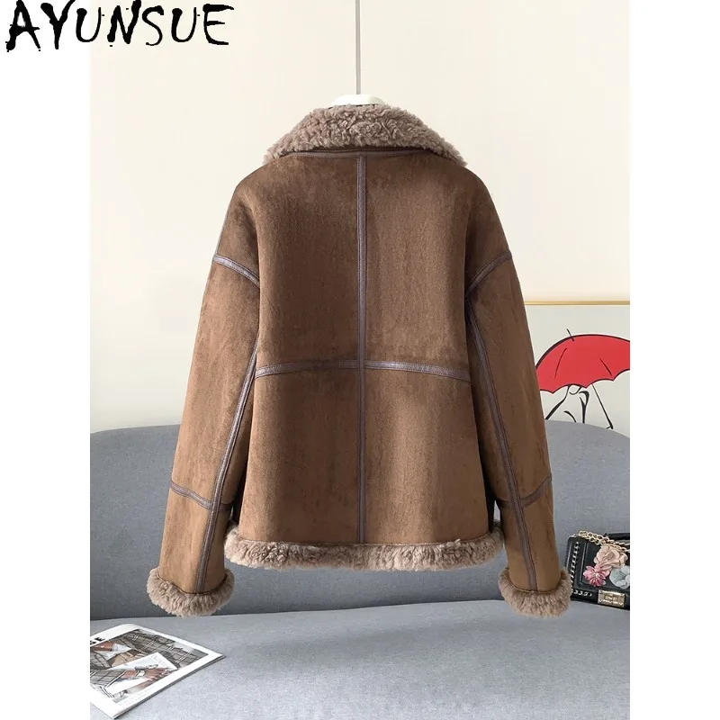 سترة شتوية من الصوف 100% من AYUNSUE للسيدات 2025 معطف فرو الضأن على طراز الدراجة النارية سترات قصيرة للسيدات ملابس نسائية #5